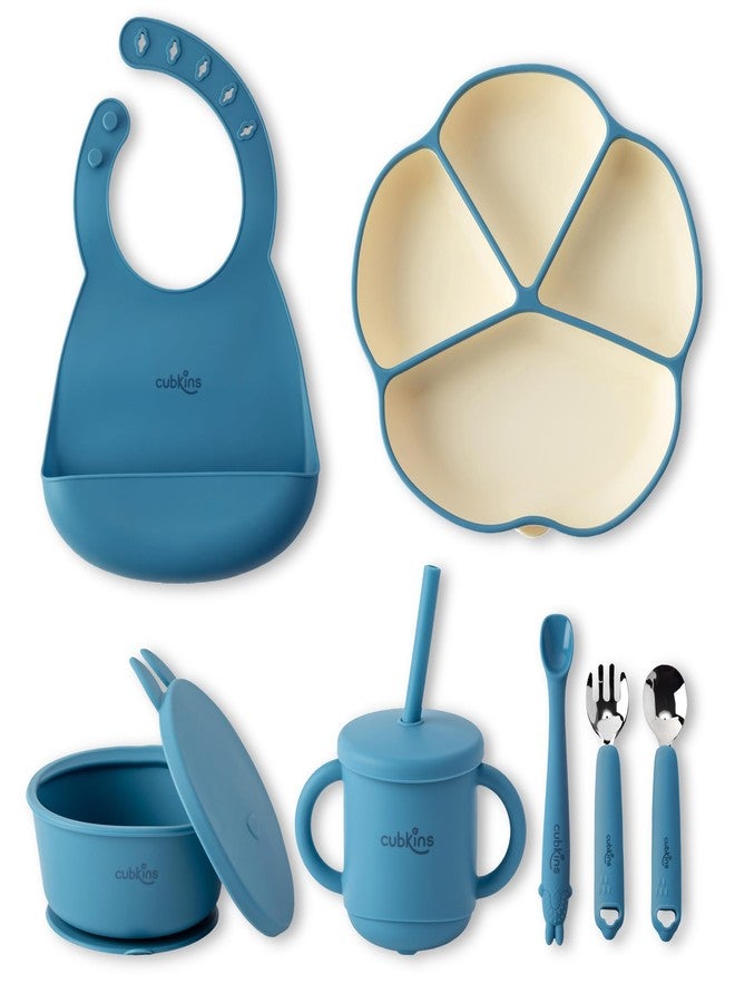 Cubkins Silicone Essential Feeding Set for Babies, Toddlers, Kids | BPA-Free & Microwave Safe | Plate & Bowl w Suction, Sippy Cup w Straw & Lid, Spoon, Fork, Early Feeding Spoon & Bib (Blue Olive) - Image 1