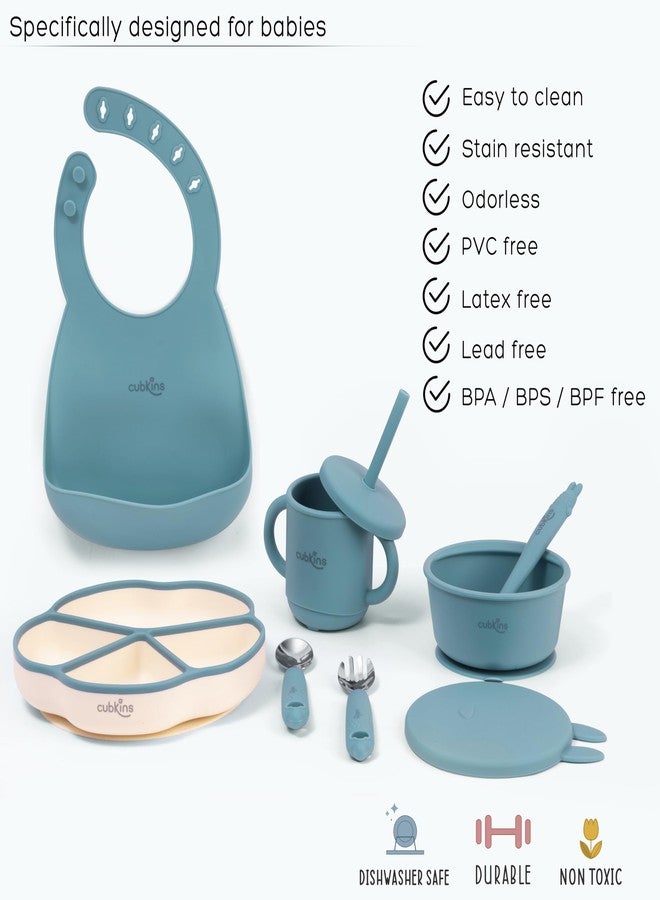 Cubkins Silicone Essential Feeding Set for Babies, Toddlers, Kids | BPA-Free & Microwave Safe | Plate & Bowl w Suction, Sippy Cup w Straw & Lid, Spoon, Fork, Early Feeding Spoon & Bib (Blue Olive) - Image 5