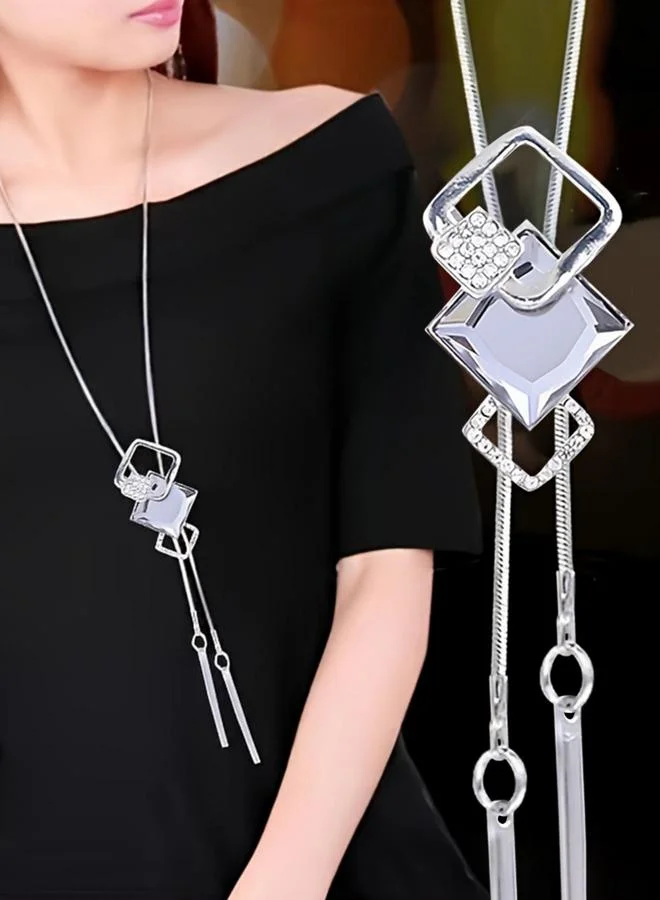 Take Two Silver Rhinestone Embellished Long Necklace