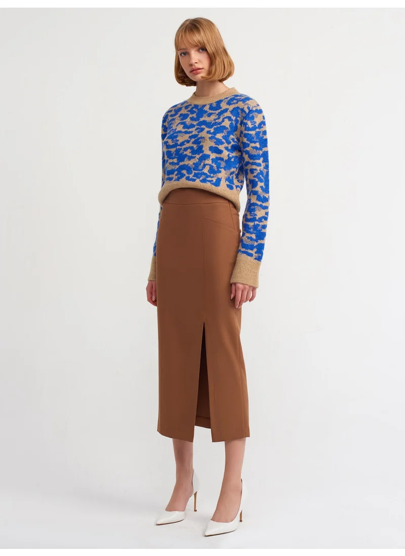 Dilvin 80806 Slit Pencil Skirt-Dark Camel