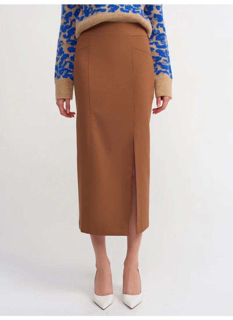Dilvin 80806 Slit Pencil Skirt-Dark Camel