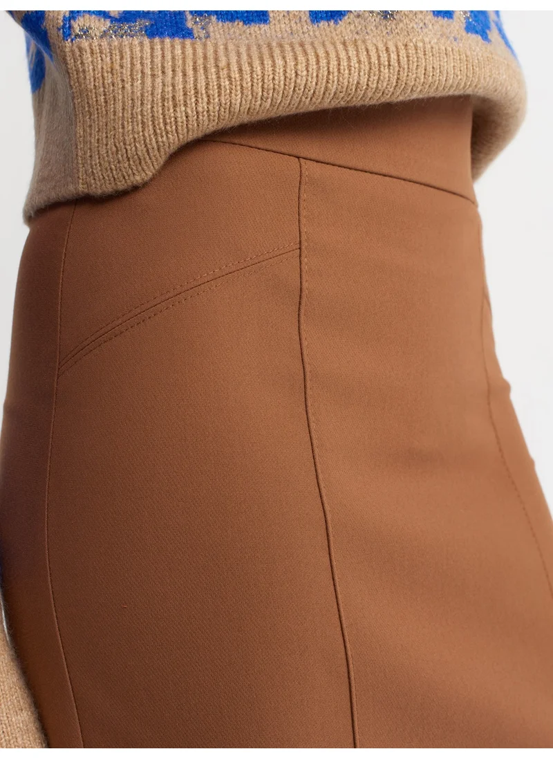 Dilvin 80806 Slit Pencil Skirt-Dark Camel