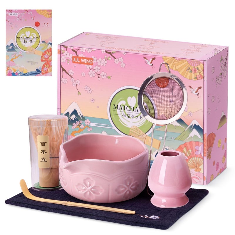JUL WIND Matcha Whisk Set, Ceramic Matcha Set Includes Bowl with Spout, Whisk and Holder, Bamboo Scoop, Sifter and Tea Towel - 6 Pcs Matcha Kit Gift for Lovers Beginners (Pink) - Image 1