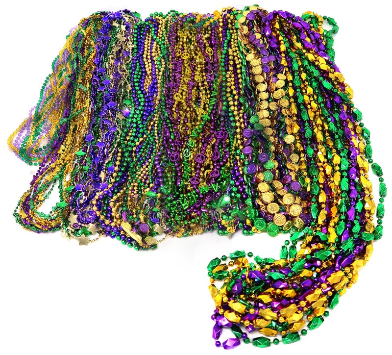 4E's Novelty Bead Assortment Mardi Gras Beads Bulk (100 Pcs) Metallic Purple Gold Green Assorted Designs, Masquerade Costume Party Favors Supplies Decorations - Image 1