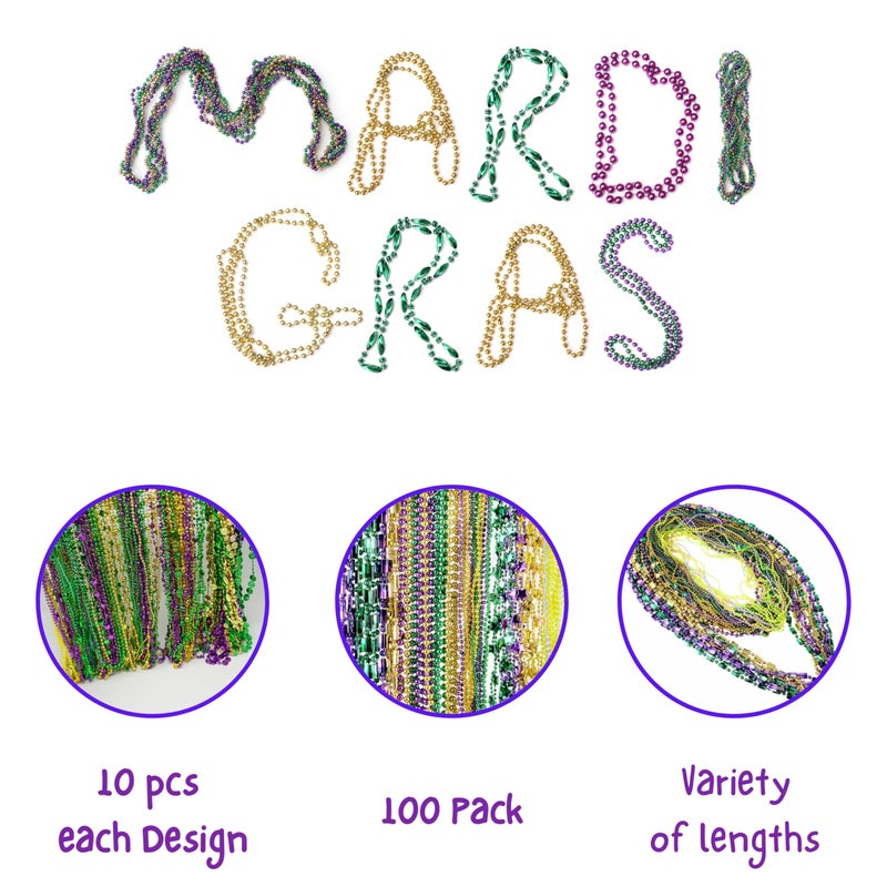 4E's Novelty Bead Assortment Mardi Gras Beads Bulk (100 Pcs) Metallic Purple Gold Green Assorted Designs, Masquerade Costume Party Favors Supplies Decorations - Image 3