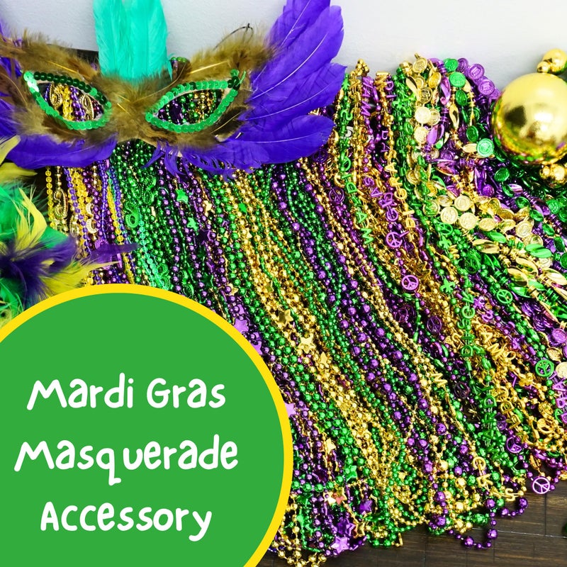4E's Novelty Bead Assortment Mardi Gras Beads Bulk (100 Pcs) Metallic Purple Gold Green Assorted Designs, Masquerade Costume Party Favors Supplies Decorations - Image 2