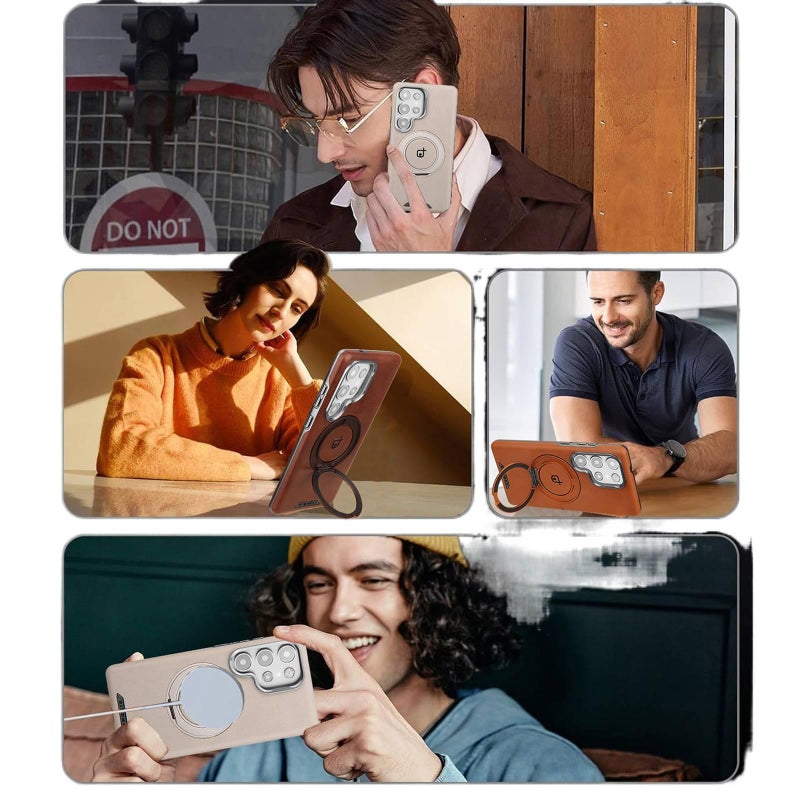 غطاء MagSafe بملمس جلد لـ Samsung Galaxy S23 Ultra مع حامل قابل للطي ومغناطيس قوي مع مقاوم للصدمات مع حماية من السقوط مع قبضة مضادة للانزلاق باللون Elegant Brown مضاد للانزلاق مغن. - Image 4