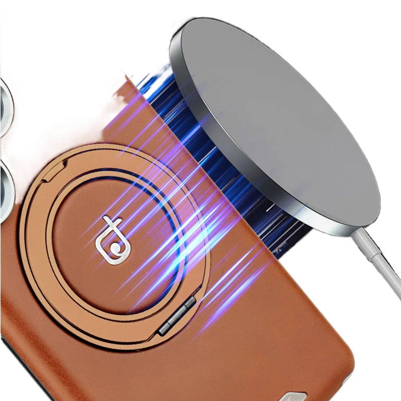 غطاء MagSafe بملمس جلد لـ Samsung Galaxy S23 Ultra مع حامل قابل للطي ومغناطيس قوي مع مقاوم للصدمات مع حماية من السقوط مع قبضة مضادة للانزلاق باللون Elegant Brown مضاد للانزلاق مغن. - Image 3