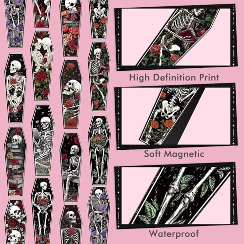 MENIFEND 30 Pcs Gothic Skeleton Magnetic Bookmarks, Coffin-Shaped Rose and Skull Book Mark Clips for Book Lovers, Dark Romance Magnet Page Markers for Women Men, Halloween Bookish Gifts - Image 3