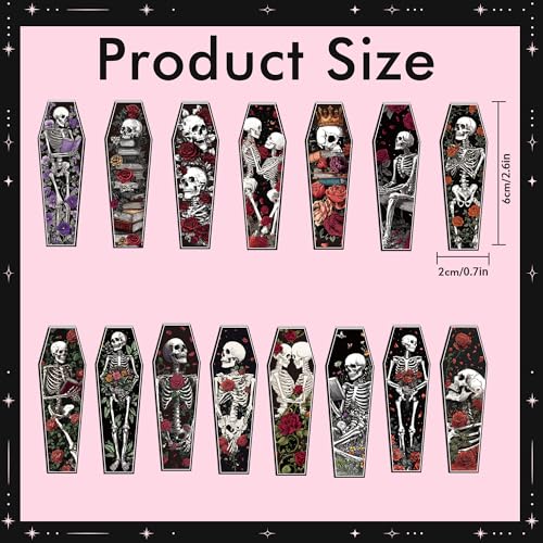 MENIFEND 30 Pcs Gothic Skeleton Magnetic Bookmarks, Coffin-Shaped Rose and Skull Book Mark Clips for Book Lovers, Dark Romance Magnet Page Markers for Women Men, Halloween Bookish Gifts - Image 2