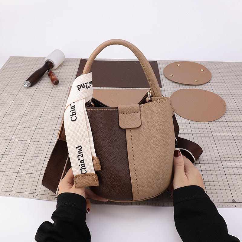 Diy Handmade Bag Homemade Bucket Bag Material Bag Vintage Handbag Soft Pu Stitching Contrast Color Shoulder Messenger Bag For Women - Image 2