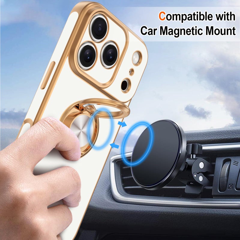 Hython for iPhone 17 Pro Max Case with Ring Stand, 360Â° Rotatable Ring Holder Magnetic Kickstand, Plating Rose Gold Edge Soft Cover Protective Phone Case for iPhone 17 Pro Max 6.9", White - Image 5