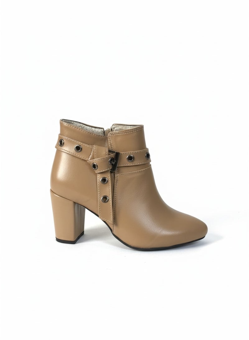 فيبراندا هاف بوت فيونكه جلد كعب عريض-كافيه - Image 2