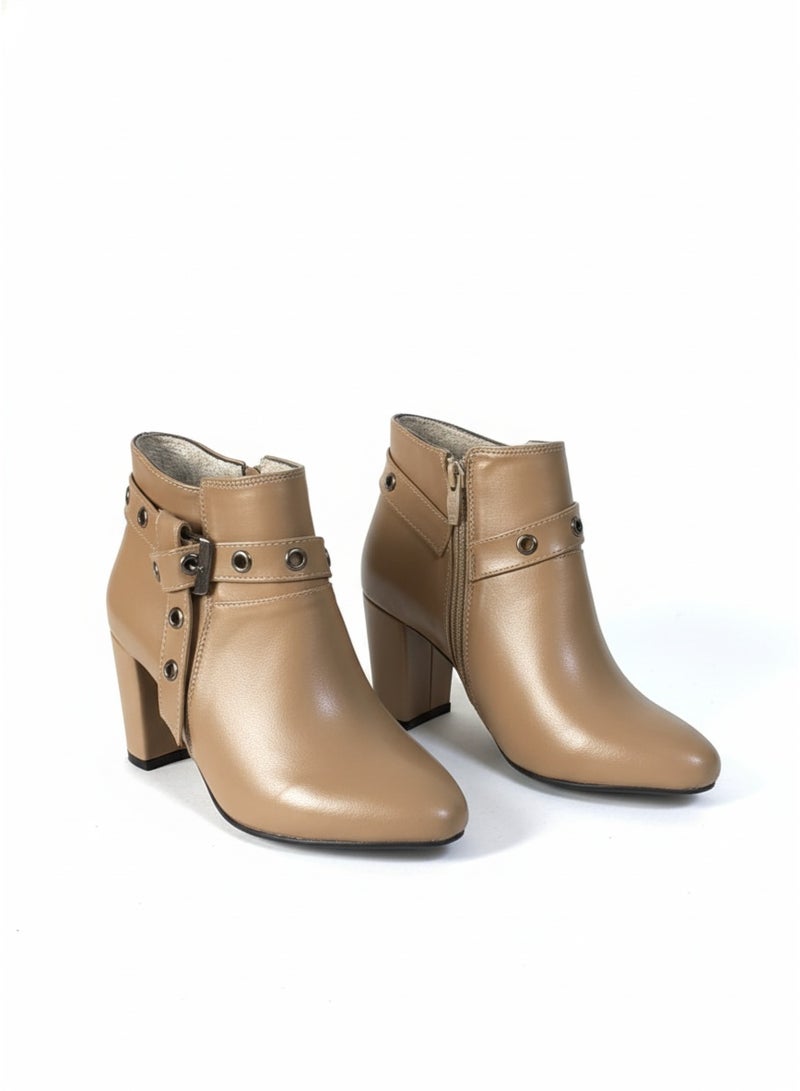 فيبراندا هاف بوت فيونكه جلد كعب عريض-كافيه - Image 3