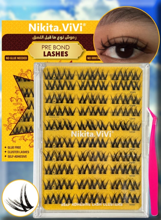 NIKITA.VIVI Pre Bond Lashes Self Adhesive False Eyelashes Clusters Kit,Lash Clusters 10 Rows European-Style False Eyelashes False Lashes Kit with Tweezers for Beginners, Press On Glueless Individual Lashes DIY Falselashes 90 Pcs 10-16 mm - Image 1