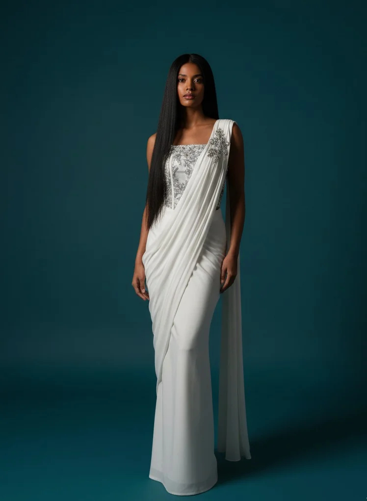 Lehar White Corset Saree Set with Grey Embroidery