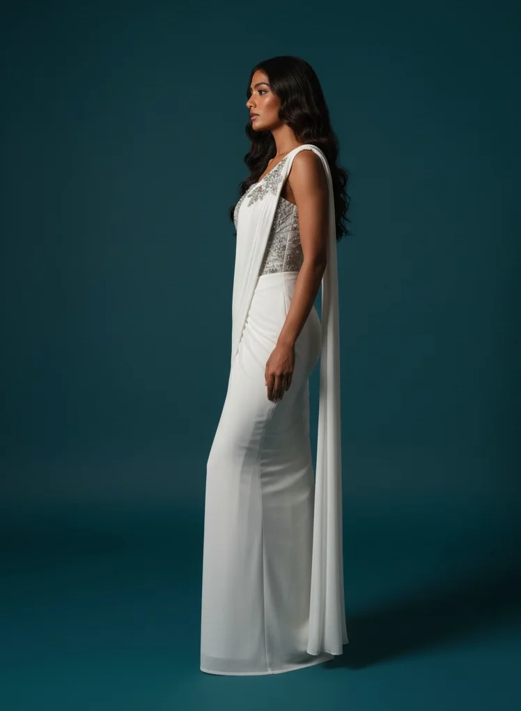 Lehar White Corset Saree Set with Grey Embroidery