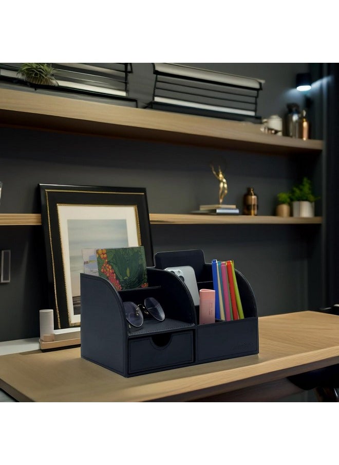 UnionBasic UnionBasic Desk Organizer - Multifunctional Leather Desktop Pen Holder Storage Box - Business Card/Pen/Pencil/Mobile Phone/Stationery Holder, Black  - Image 4