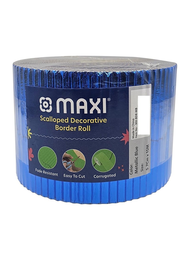 Maxi 1-Piece Corrugated Scalloped Borderette Border For School Displays, Classroom Decorations and Bulletin Boards Tape Metallic Blue - Image 1