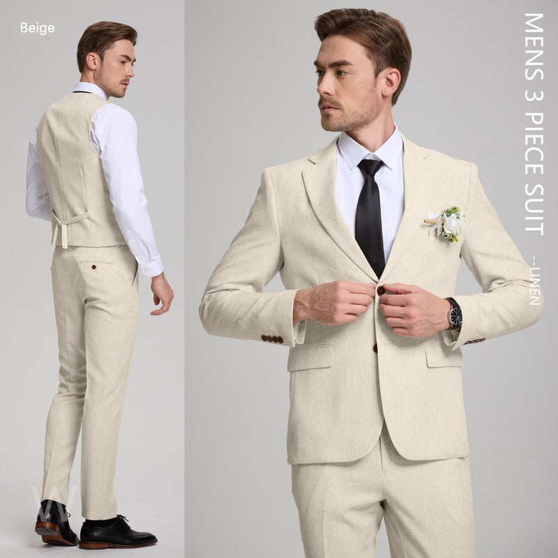 Diaryan Men 3 Piece Suits Set Linen Slim Fit Wedding Dress Outfits Beach Prom Groomsmen Tuxedo Blazer Vest Pants for Teen XL Beige - Image 3