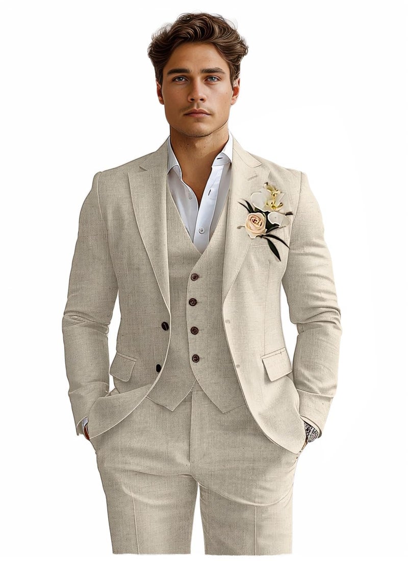 Diaryan Men 3 Piece Suits Set Linen Slim Fit Wedding Dress Outfits Beach Prom Groomsmen Tuxedo Blazer Vest Pants for Teen XL Beige - Image 1