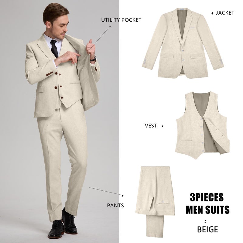 Diaryan Men 3 Piece Suits Set Linen Slim Fit Wedding Dress Outfits Beach Prom Groomsmen Tuxedo Blazer Vest Pants for Teen XL Beige - Image 4