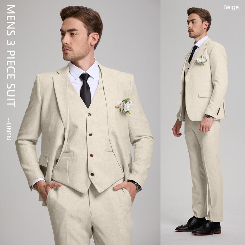 Diaryan Men 3 Piece Suits Set Linen Slim Fit Wedding Dress Outfits Beach Prom Groomsmen Tuxedo Blazer Vest Pants for Teen XL Beige - Image 2