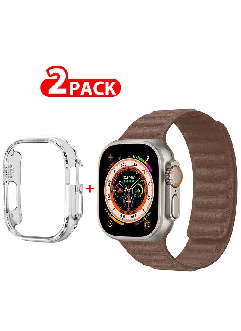 CATANES - 2 Packs For Apple Watch Band 49mm Leather Link Strap Magnetic Loop Bracelet and Clear Cup Holder Brown - Image 1