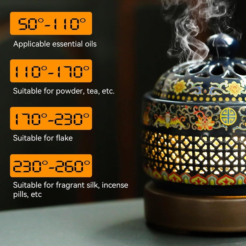 ISSNW Ceramic Holder Electric Incense Burner Enamel Built-in LED Lights Simulate Flames, Classical, Elegant and High-end Hollow Design - Image 4