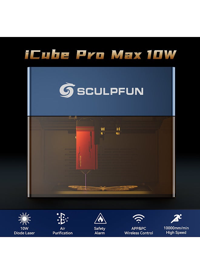 SCULPFUN - iCube Pro Max 10W Laser Engraver Portable Laser Engraving Machine with dust Filter Temperature Alarm Ultra Fine 0.08mm Laser Spot 120x120mm Engraving Area Eye Protection Shield - Image 1