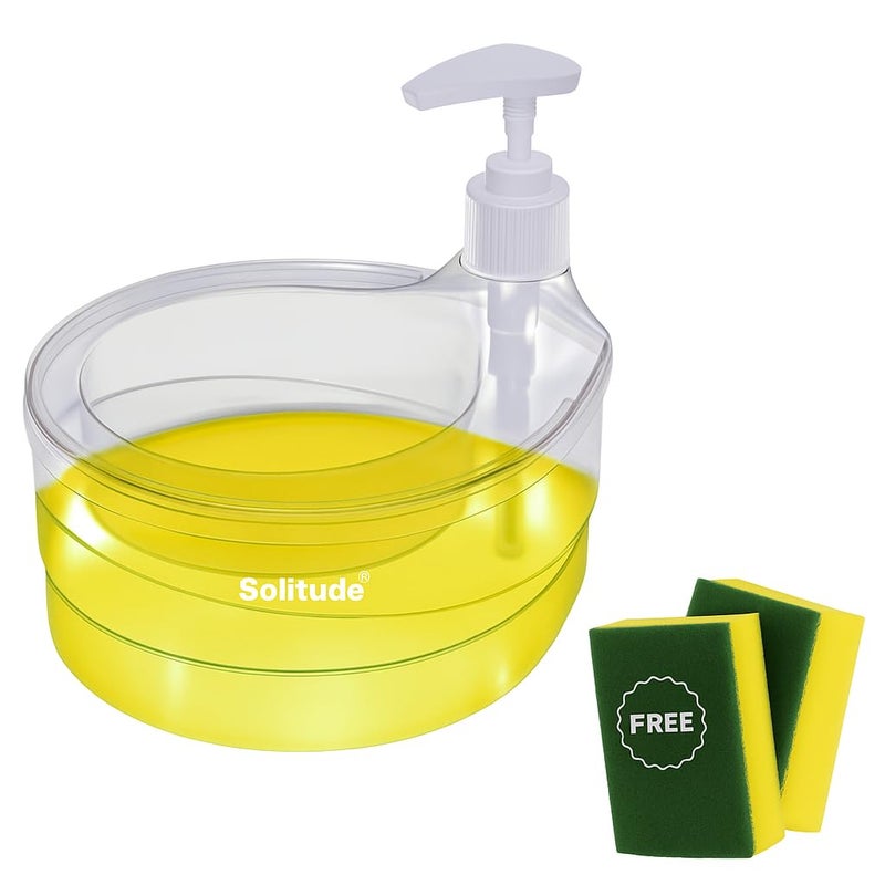 Solitude Double Layer Soap Dispenser with 2 Sponges for Bathroom Accessories Dishwasher Liquid Holder Liquid Dispenser Pump with Sponge Holder Kitchen Sink Accessories Items (Transparent) - Image 1