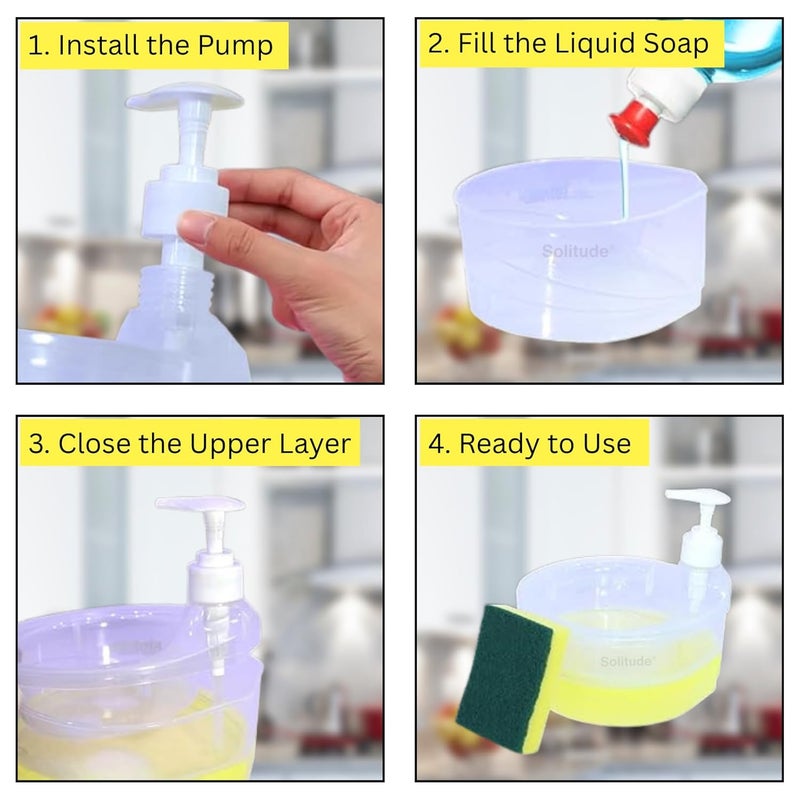 Solitude Double Layer Soap Dispenser with 2 Sponges for Bathroom Accessories Dishwasher Liquid Holder Liquid Dispenser Pump with Sponge Holder Kitchen Sink Accessories Items (Transparent) - Image 5