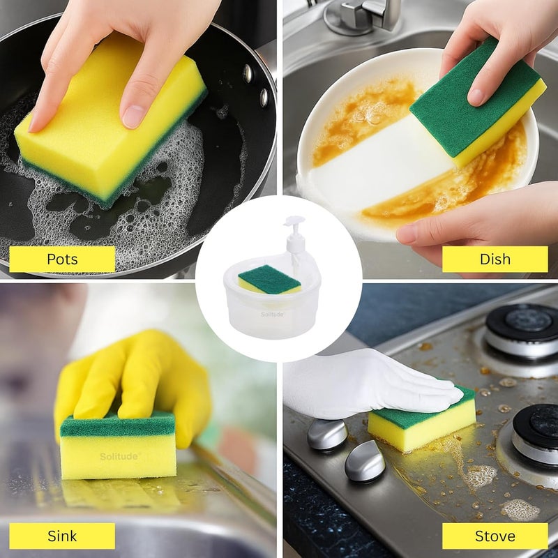 Solitude Double Layer Soap Dispenser with 2 Sponges for Bathroom Accessories Dishwasher Liquid Holder Liquid Dispenser Pump with Sponge Holder Kitchen Sink Accessories Items (Transparent) - Image 2