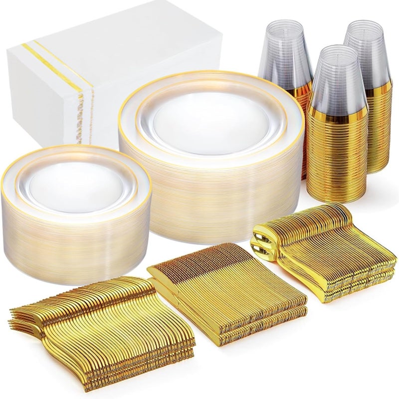 GATHER 350PCS Clear Gold Plastic Plates Disposable Gold Dinnerware Sets Includes 100 Gold Rim Plastic Plates 150 Silverware 50 Napkins 50 Cups for Party Wedding