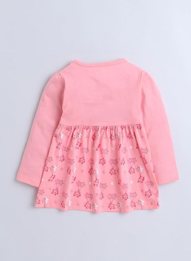 BUMZEE فستان بناتي من القطن بلون وردي داكن بأكمام طويلة يصل إلى الركبة، مناسب للارتداء اليومي، من عمر 3 إلى 6 أشهر (Peb9567B-dpk) - Image 2