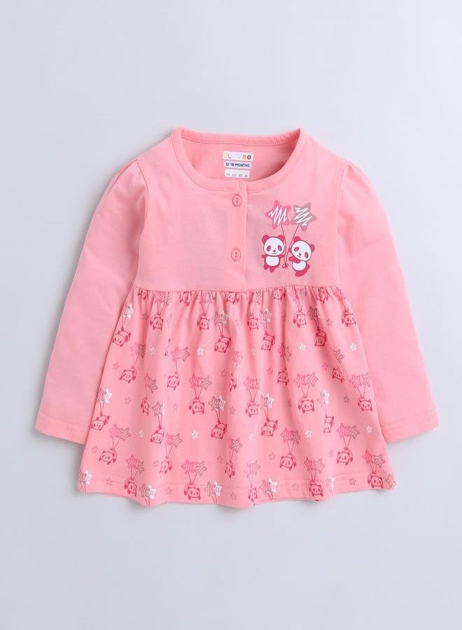 BUMZEE فستان بناتي من القطن بلون وردي داكن بأكمام طويلة يصل إلى الركبة، مناسب للارتداء اليومي، من عمر 3 إلى 6 أشهر (Peb9567B-dpk) - Image 4