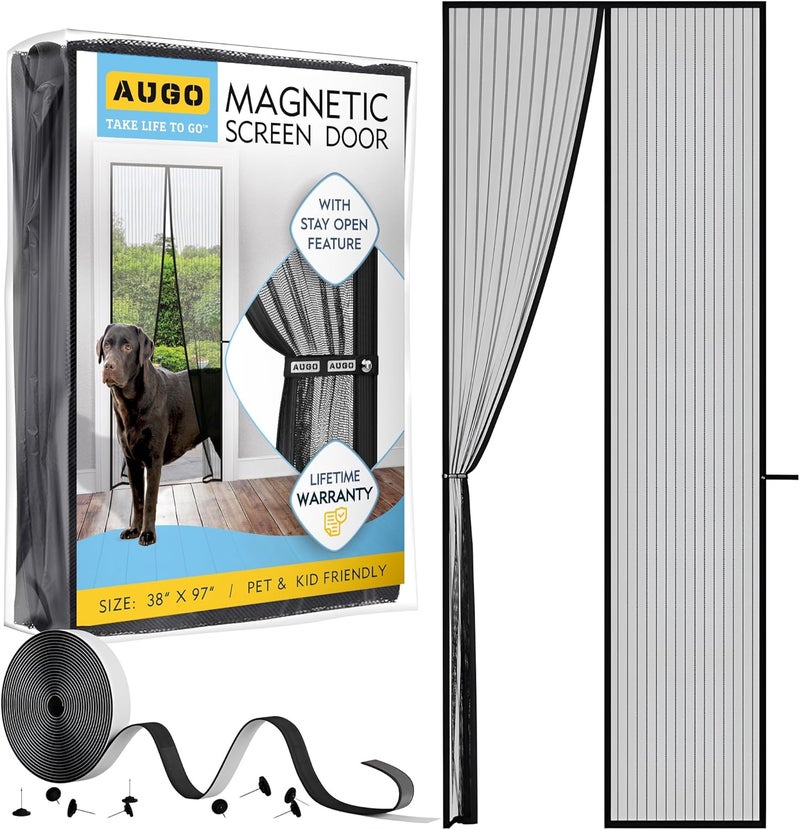 AUGO Magnetic Screen Door - Self Sealing, Heavy Duty, Hands Free Mesh Partition Keeps Bugs Out - Pet and Kid Friendly - Patent Pending Keep Open Feature - 38 Inch x 97 Inch - Image 1