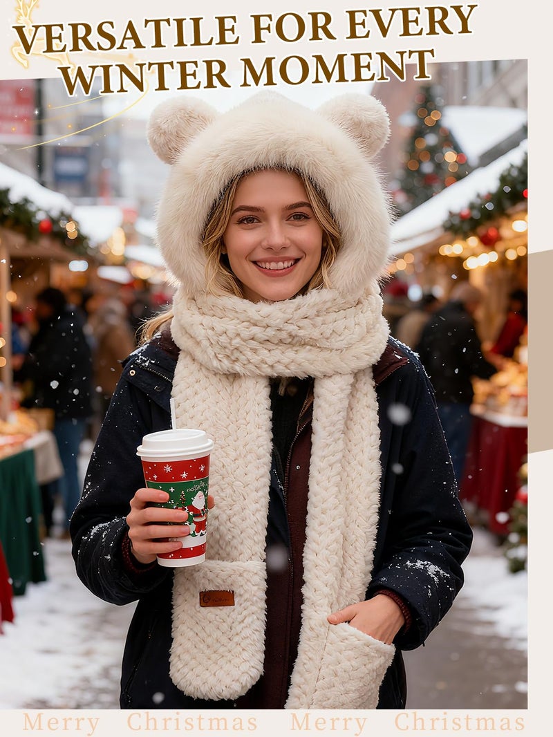 Bigmeta Winter Warm Hooded Scarf for Women- 3-in-1 Thick Fluffy Hat Scarf Gloves Set, Winter Cozy Gifts, Beige - Image 4