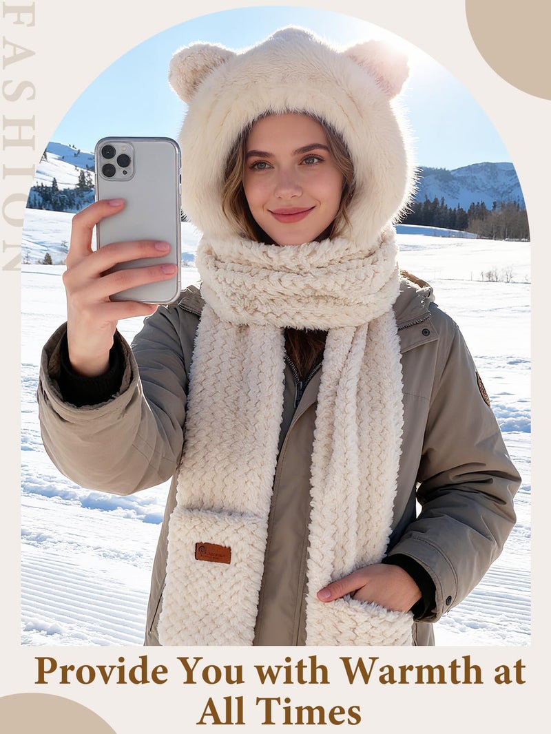Bigmeta Winter Warm Hooded Scarf for Women- 3-in-1 Thick Fluffy Hat Scarf Gloves Set, Winter Cozy Gifts, Beige - Image 3