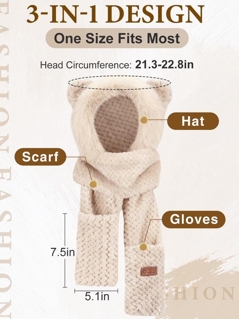 Bigmeta Winter Warm Hooded Scarf for Women- 3-in-1 Thick Fluffy Hat Scarf Gloves Set, Winter Cozy Gifts, Beige - Image 2