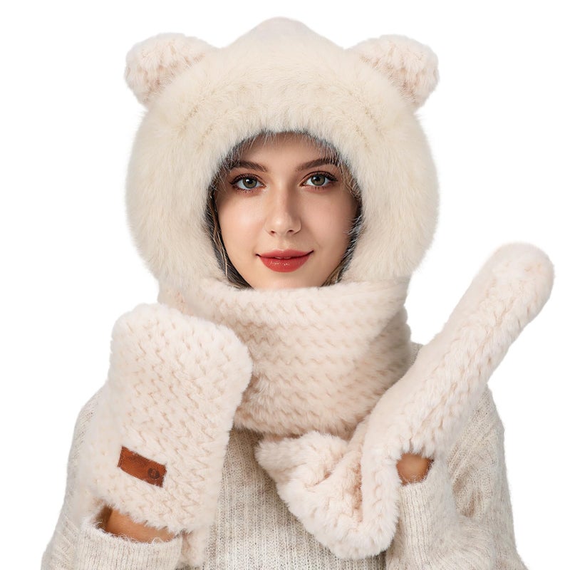 Bigmeta Winter Warm Hooded Scarf for Women- 3-in-1 Thick Fluffy Hat Scarf Gloves Set, Winter Cozy Gifts, Beige - Image 1
