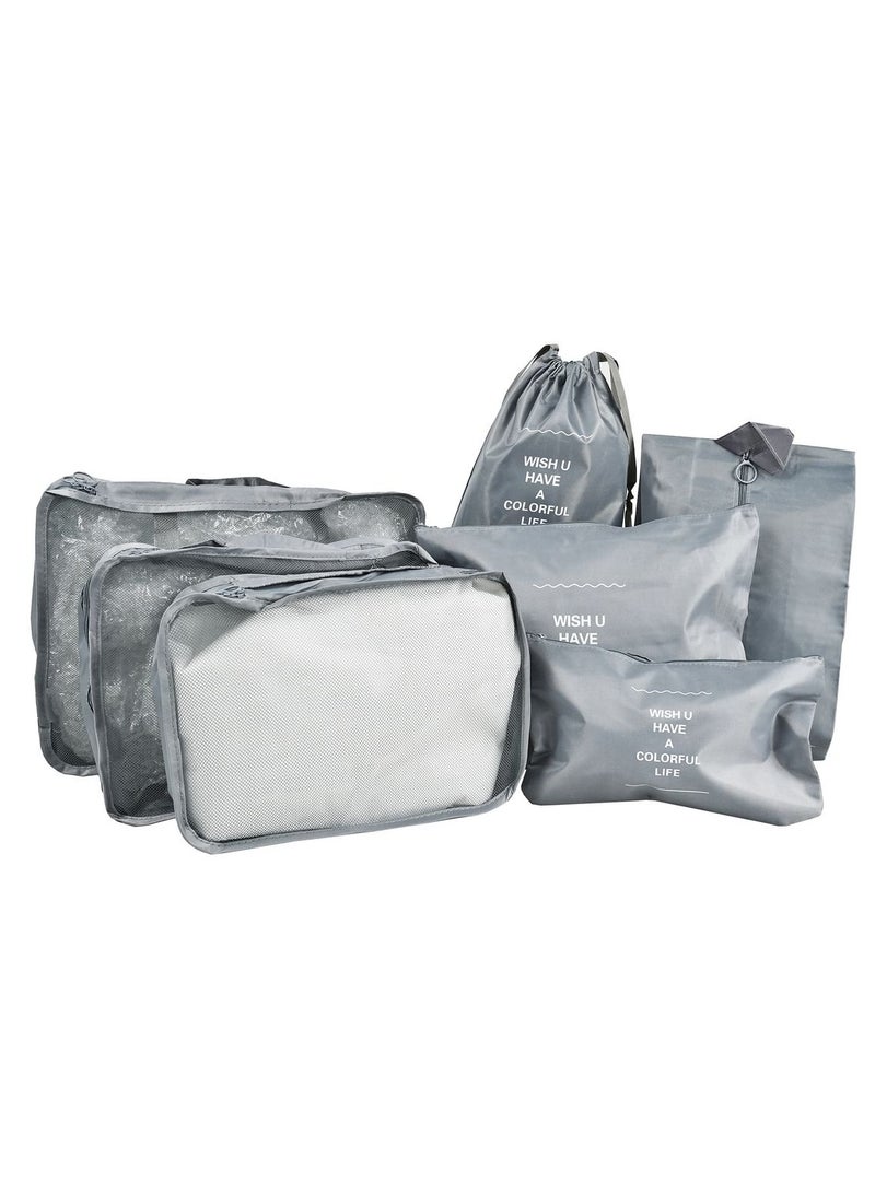 CHIYLE 7Pcs Travel Luggage Organizer Set – Lightweight Foldable Suitcase Packing Cubes with Toiletry Bag, Clothes & Shoe Pouch – Grey - Image 1