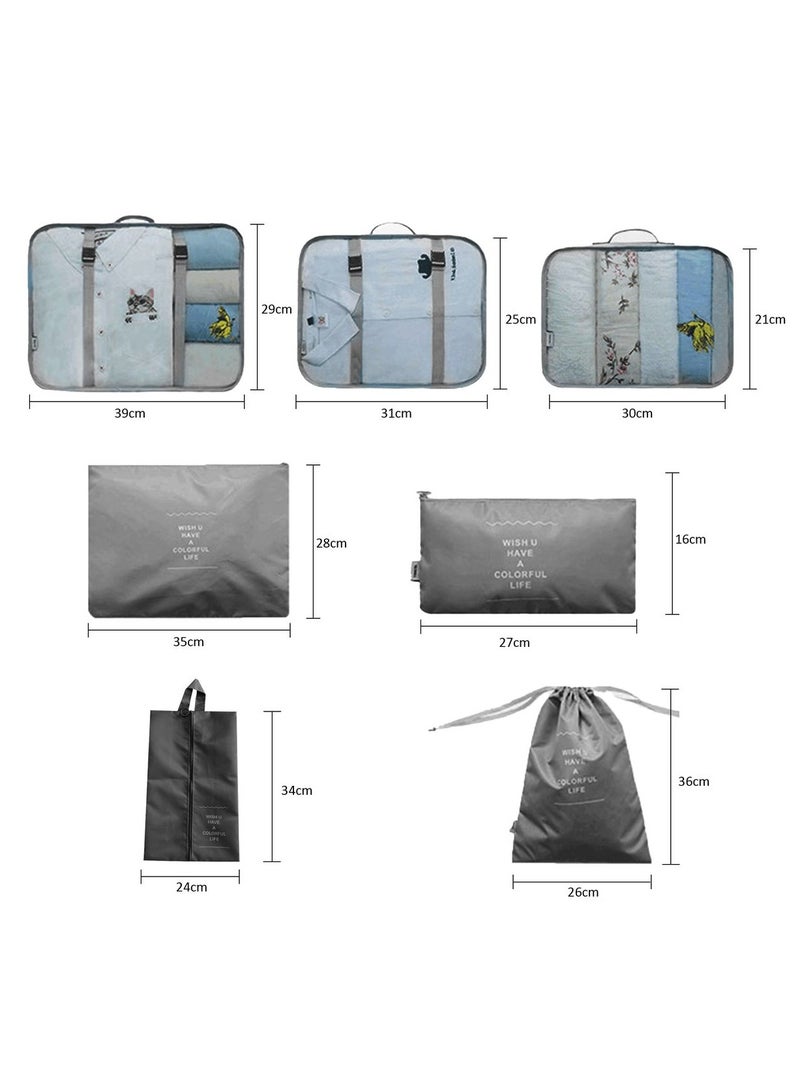 CHIYLE 7Pcs Travel Luggage Organizer Set – Lightweight Foldable Suitcase Packing Cubes with Toiletry Bag, Clothes & Shoe Pouch – Grey - Image 5