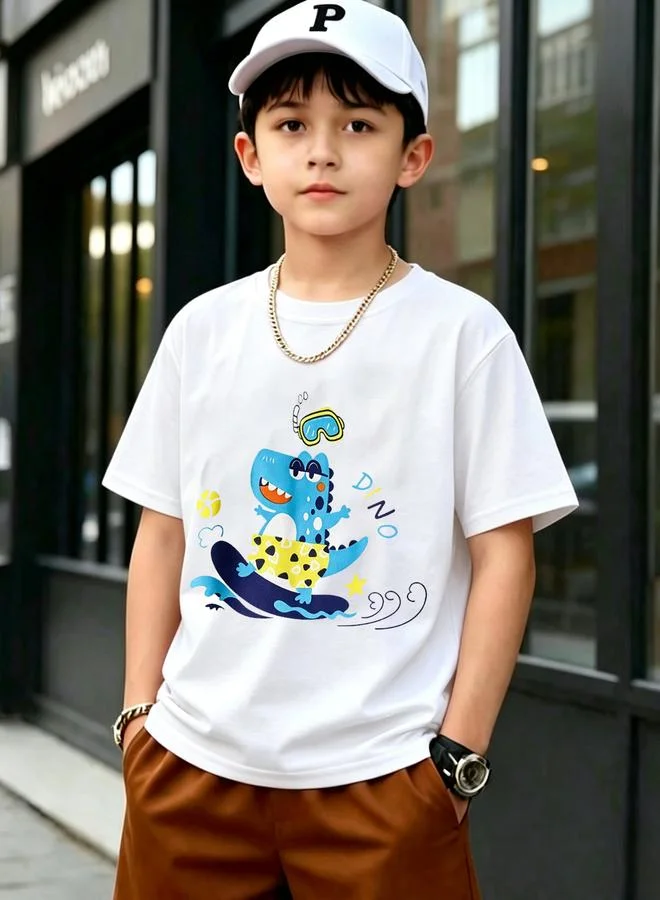 Take Two Boys White Cotton Short Sleeve T-Shirt with Fun Dinosaur Print