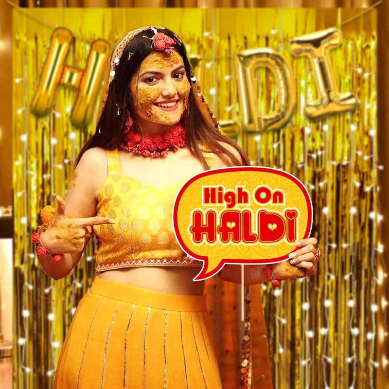 Zyozique Zyozique ® Haldi Ceremony Decoration, Haldi Ceremony Decoration Kit - Haldi Foil Balloons, Photo Booth Props with Gold Foil Curtains & Rice Light (Pack Of 25)  - Image 4