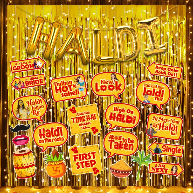 Zyozique Zyozique ® Haldi Ceremony Decoration, Haldi Ceremony Decoration Kit - Haldi Foil Balloons, Photo Booth Props with Gold Foil Curtains & Rice Light (Pack Of 25)  - Image 1