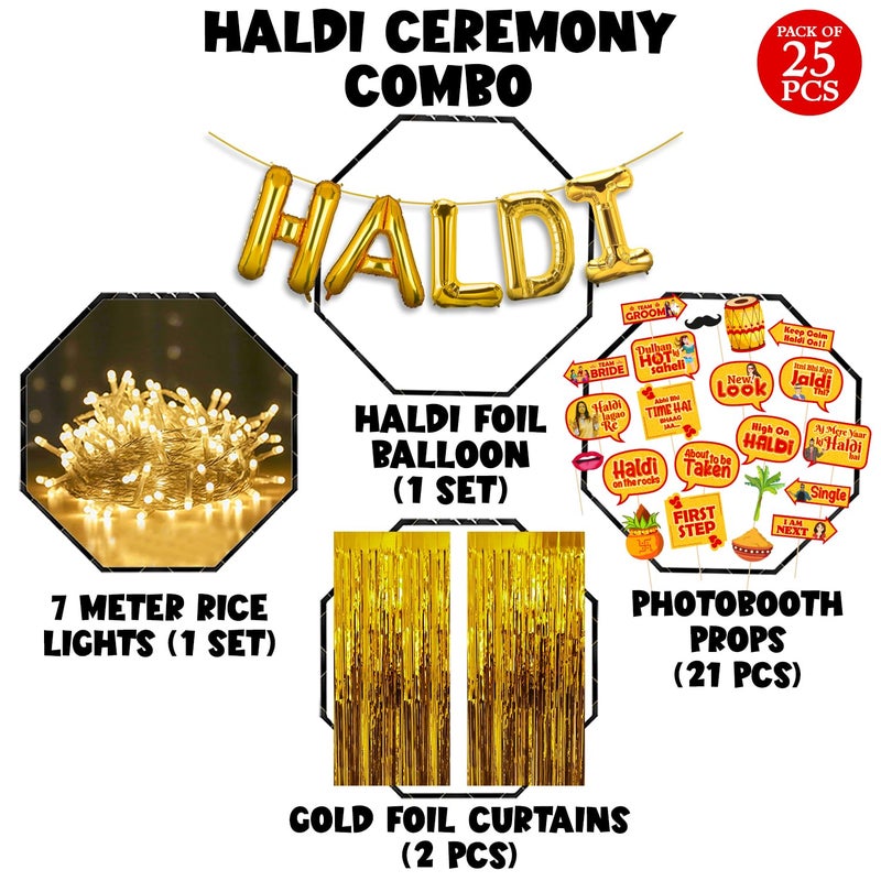 Zyozique Zyozique ® Haldi Ceremony Decoration, Haldi Ceremony Decoration Kit - Haldi Foil Balloons, Photo Booth Props with Gold Foil Curtains & Rice Light (Pack Of 25)  - Image 2