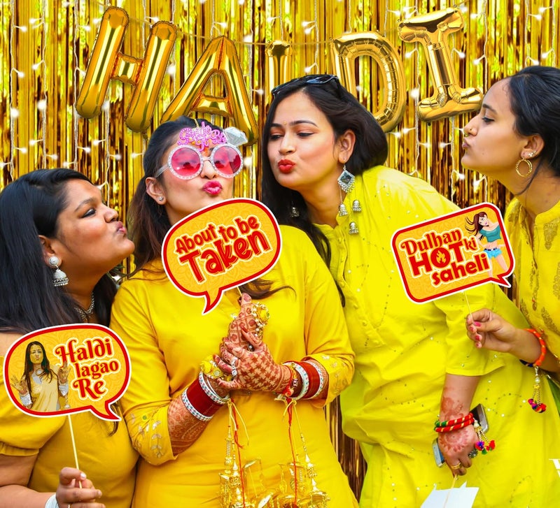 Zyozique Zyozique ® Haldi Ceremony Decoration, Haldi Ceremony Decoration Kit - Haldi Foil Balloons, Photo Booth Props with Gold Foil Curtains & Rice Light (Pack Of 25)  - Image 5