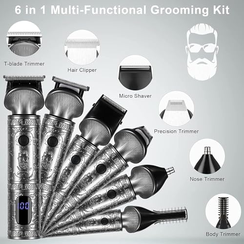 Hatteker 6 in 1 Beard Trimmer Kit for Men - Professional Hair Clipper, T-Blade, Nose Hair Trimmer, Beard Shaver, Hair Cutting and Body Grooming Kit - Cordless - Image 2