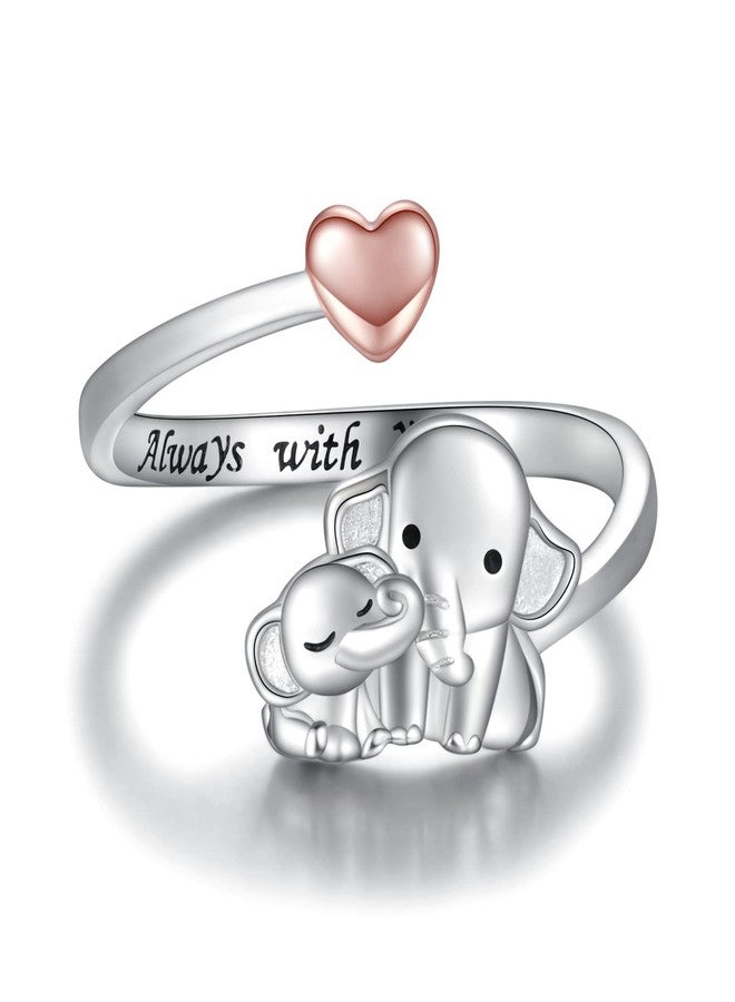 Sariel Mom Daughter Elephant Ring 925 Sterling Silver Adjustable Love Heart Finger Rings Pendant for Women Wife Mom Nana Daughter Jewelry Gift (Rose gold heart 2, 8) - Image 1